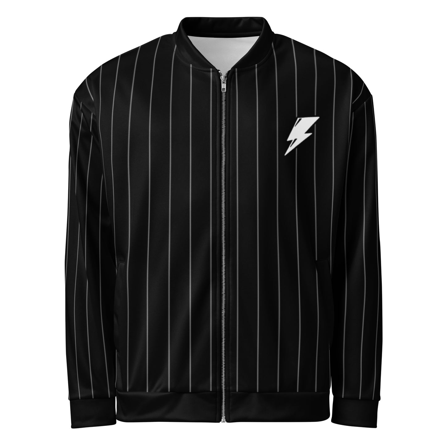 Black Pinstripe Bomber Jacket Unisex Teens Adults Front
