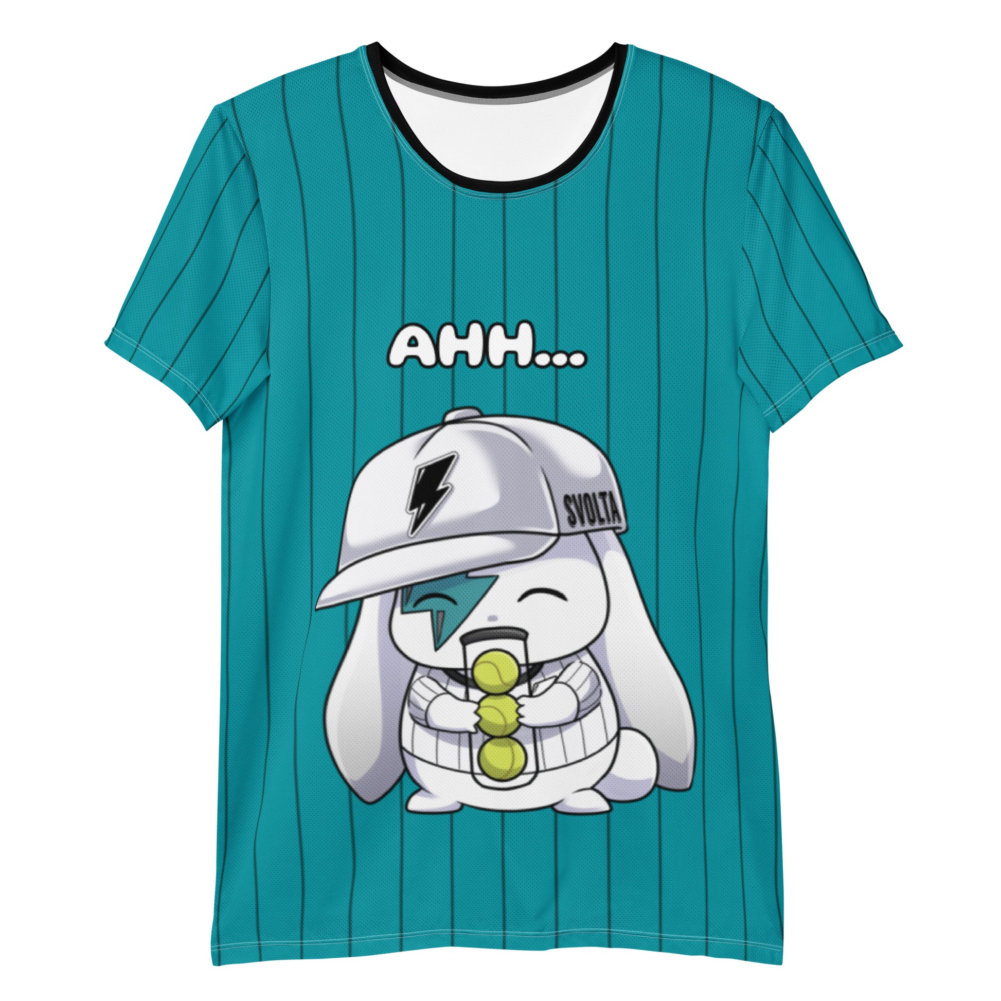 Svolta Kawaii Tennis Balls Teal Pinstripe Performance Mesh Athletic T-Shirt Front
