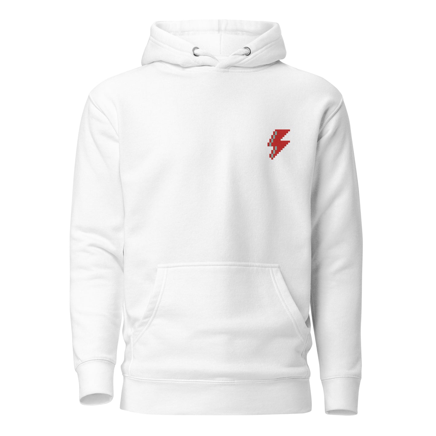Svolta white hoodie sweatshirt for teens and adults featuring an embroidered pixel lightning bolt in red and aqua