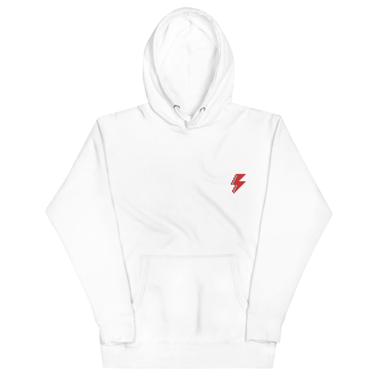 Svolta white hoodie sweatshirt for teens and adults featuring an embroidered pixel lightning bolt in red and aqua