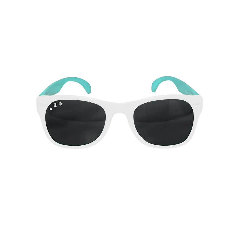 Roshambo Baby and Toddler sunglasses in mint and white, soft, flexible, comfortable, made in Italy
