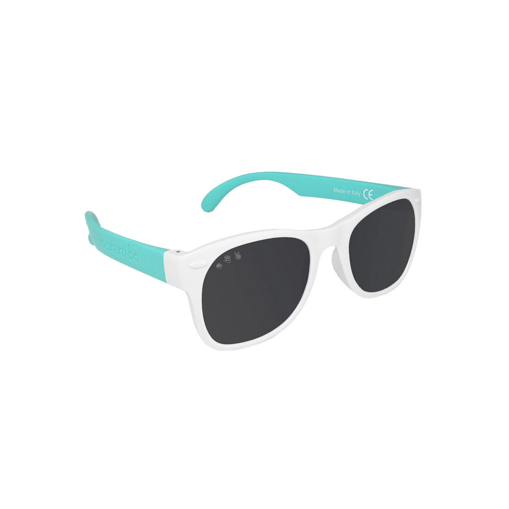 Roshambo Baby and Toddler sunglasses in mint and white, soft, flexible, comfortable, made in Italy