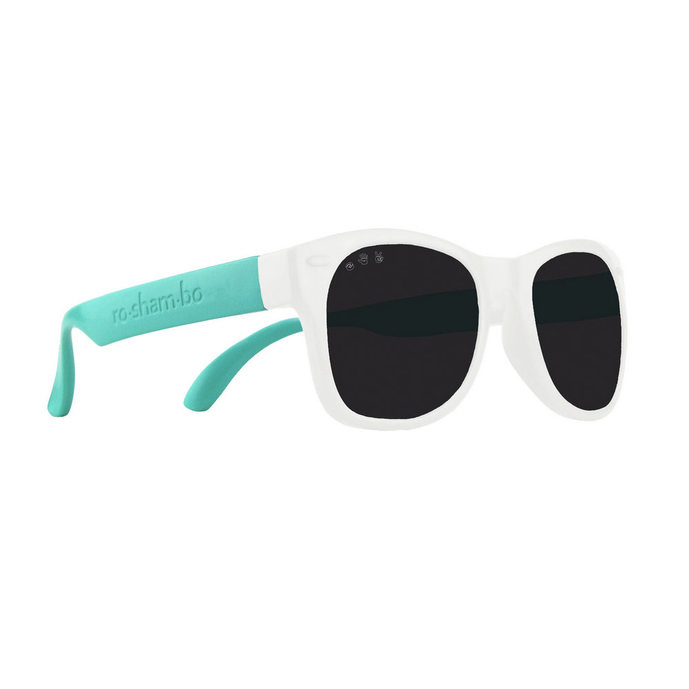 Roshambo Baby and Toddler sunglasses in mint and white, soft, flexible, comfortable, made in Italy