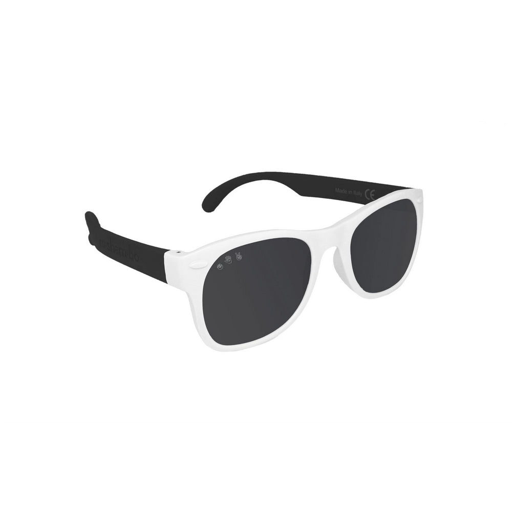 Roshambo Junior Kids sunglasses in black and white, soft, flexible, comfortable, made in Italy