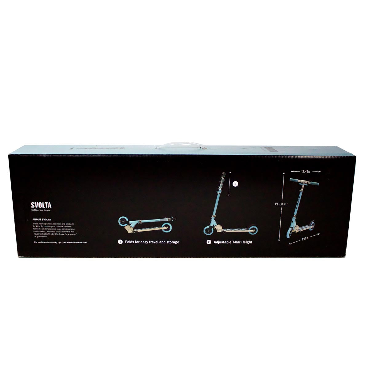 Svolta Legend compact folding travel 2-wheel kick scooter for little kids ages 6+ in aqua black gold with lightning bolt houndstooth griptape