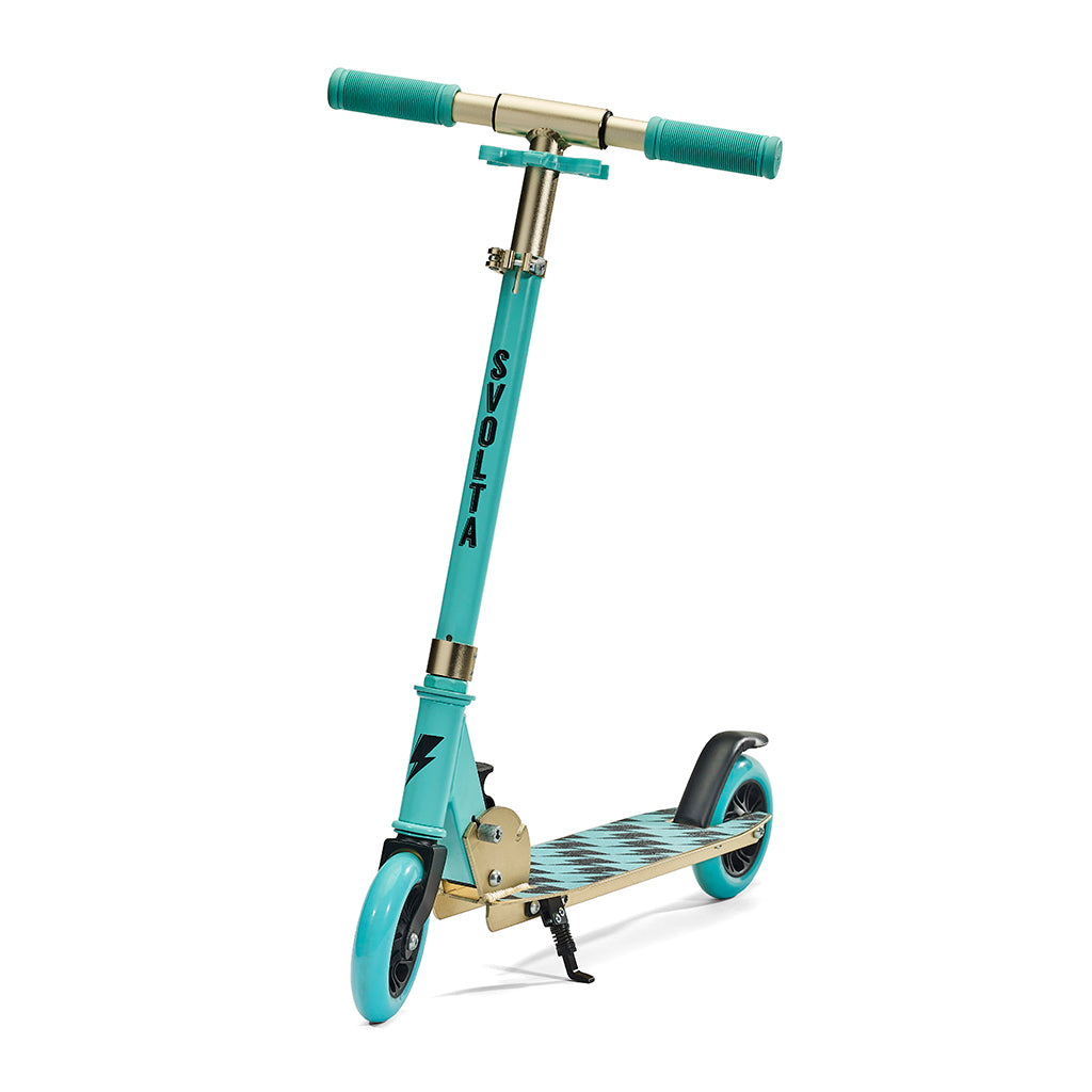 Svolta Legend compact folding travel 2-wheel kick scooter for little kids ages 6+ in aqua black gold with lightning bolt houndstooth griptape