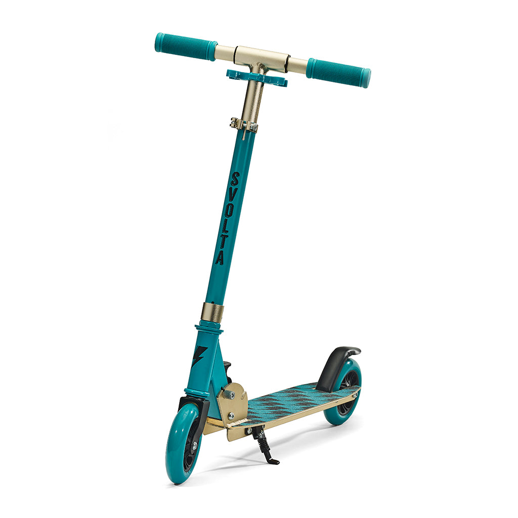 Svolta Legend 2-wheel kick scooter compact folding travel kids teal black gold lightning bolts