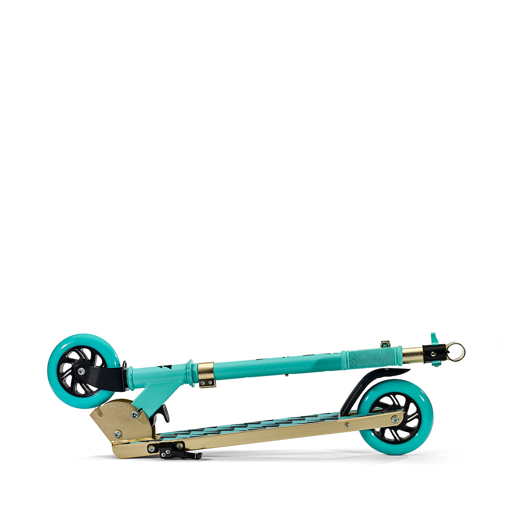 Svolta Legend compact folding travel 2-wheel kick scooter for little kids ages 6+ in aqua black gold with lightning bolt houndstooth griptape