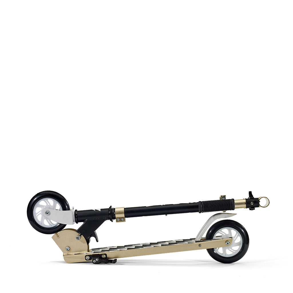 Svolta Legend compact folding travel 2-wheel kick scooter for little kids ages 6+ in white black gold with lightning bolt houndstooth griptape