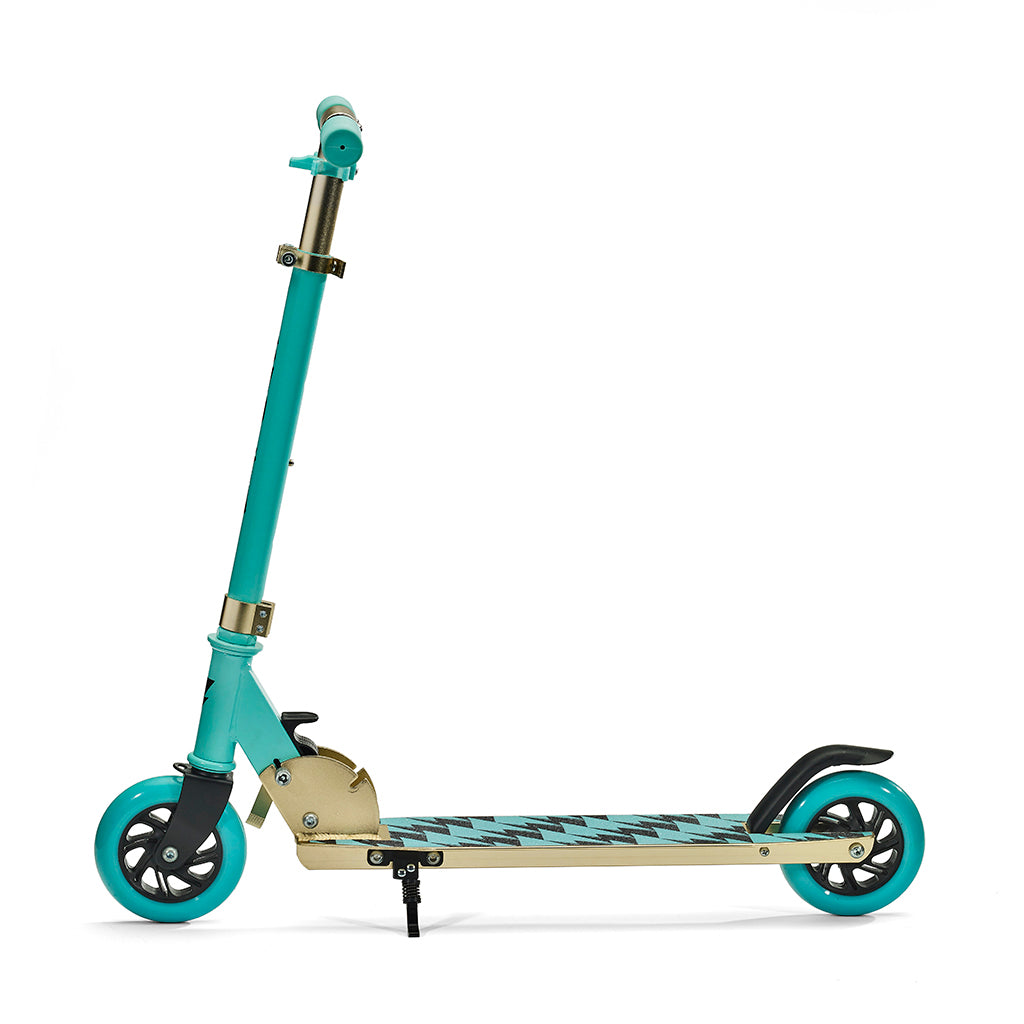 Svolta Legend compact folding travel 2-wheel kick scooter for little kids ages 6+ in aqua black gold with lightning bolt houndstooth griptape