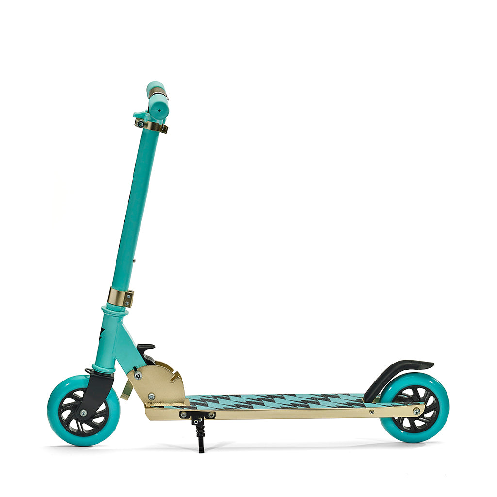 Svolta Legend compact folding travel 2-wheel kick scooter for little kids ages 6+ in aqua black gold with lightning bolt houndstooth griptape