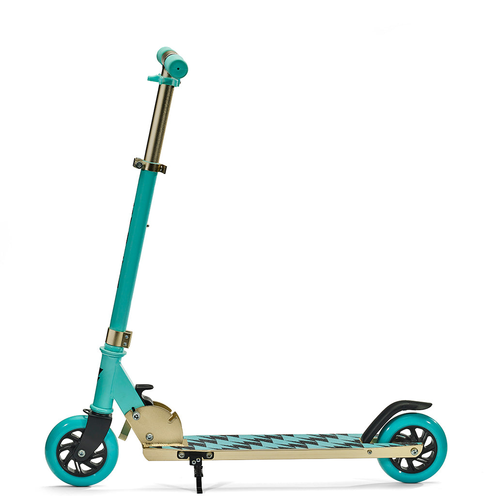Svolta Legend compact folding travel 2-wheel kick scooter for little kids ages 6+ in aqua black gold with lightning bolt houndstooth griptape