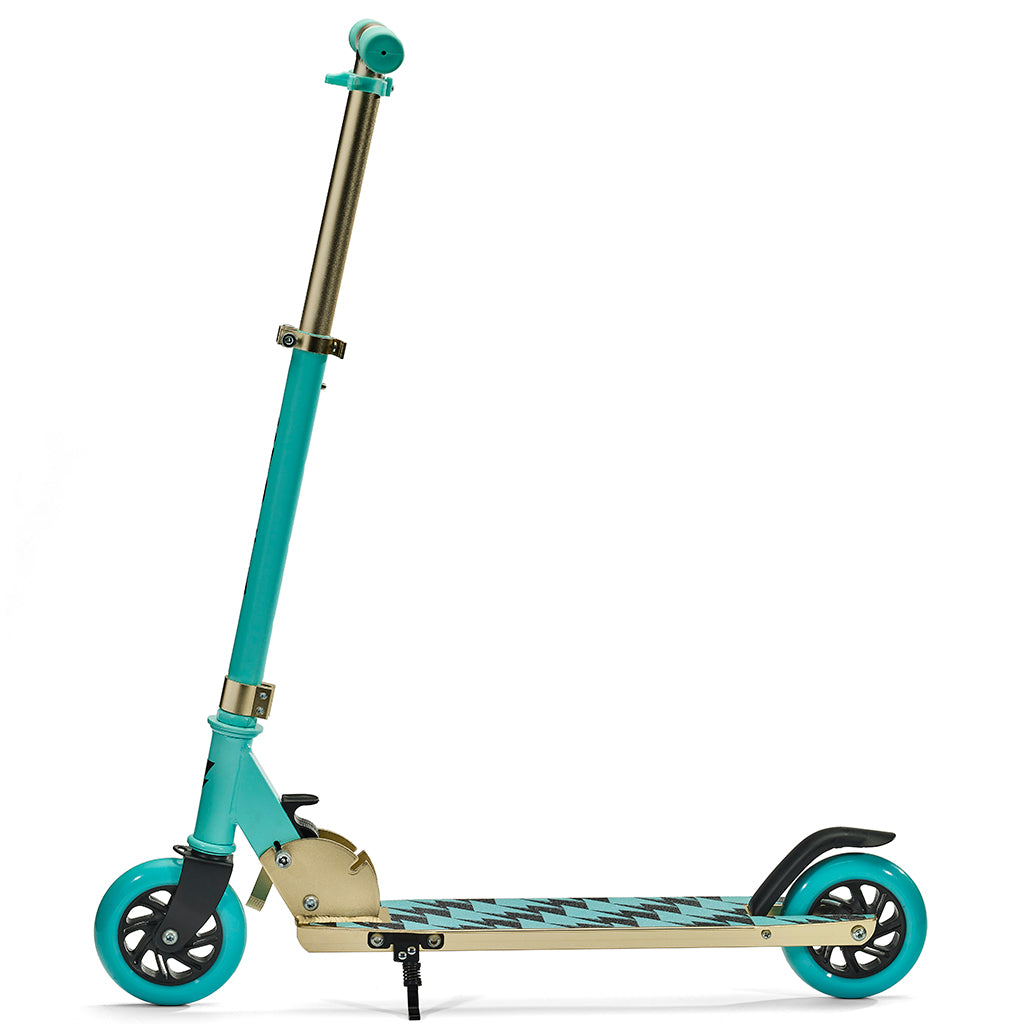 Svolta Legend compact folding travel 2-wheel kick scooter for little kids ages 6+ in aqua black gold with lightning bolt houndstooth griptape