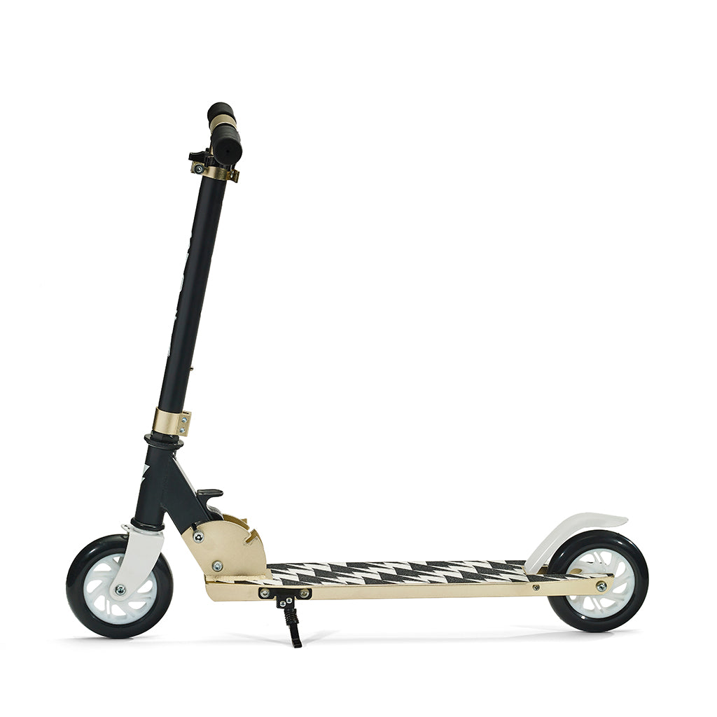 Svolta Legend compact folding travel 2-wheel kick scooter for little kids ages 6+ in white black gold with lightning bolt houndstooth griptape
