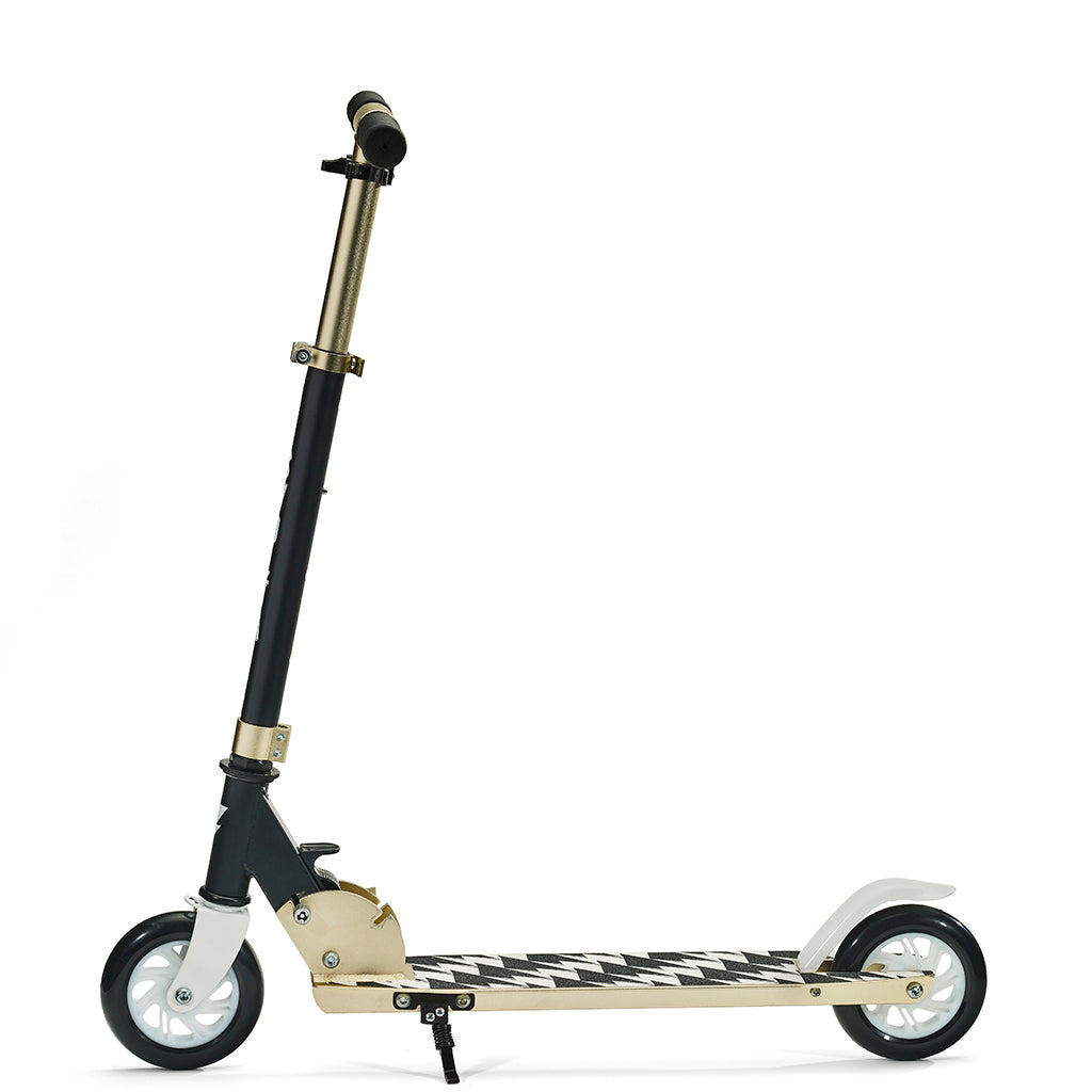 Svolta Legend compact folding travel 2-wheel kick scooter for little kids ages 6+ in white black gold with lightning bolt houndstooth griptape