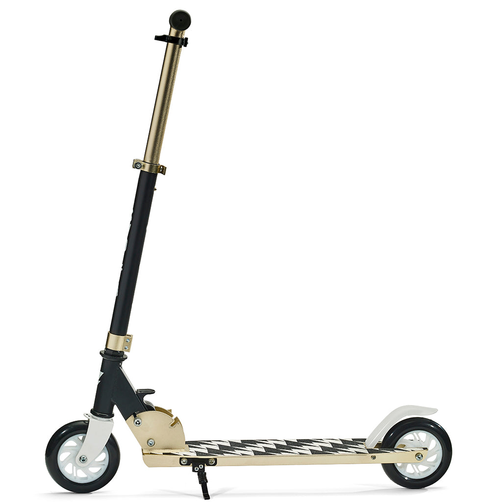Svolta Legend compact folding travel 2-wheel kick scooter for little kids ages 6+ in white black gold with lightning bolt houndstooth griptape
