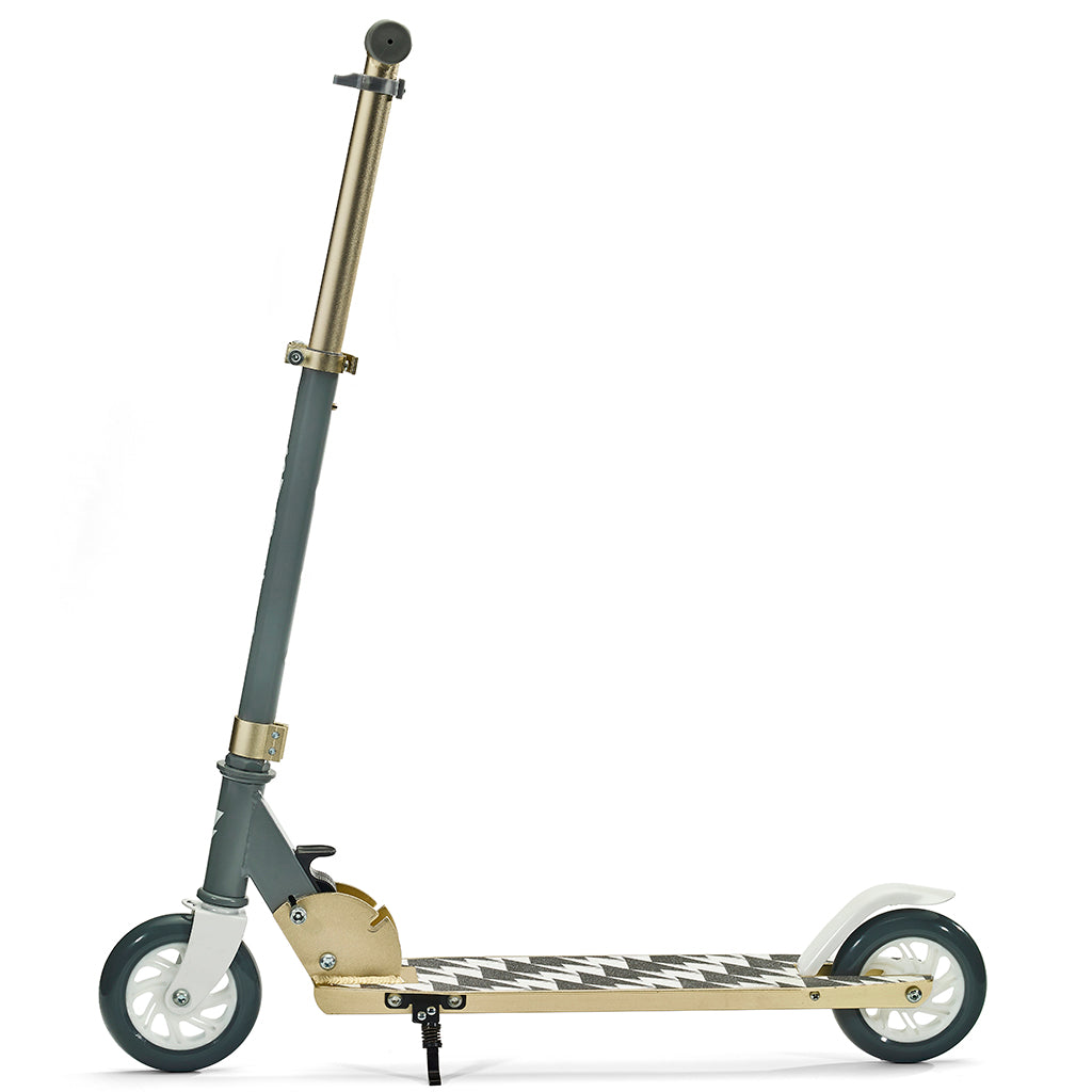 Svolta Legend 2-wheel kick scooter compact folding travel kids white grey gray gold lightning bolts kickstand