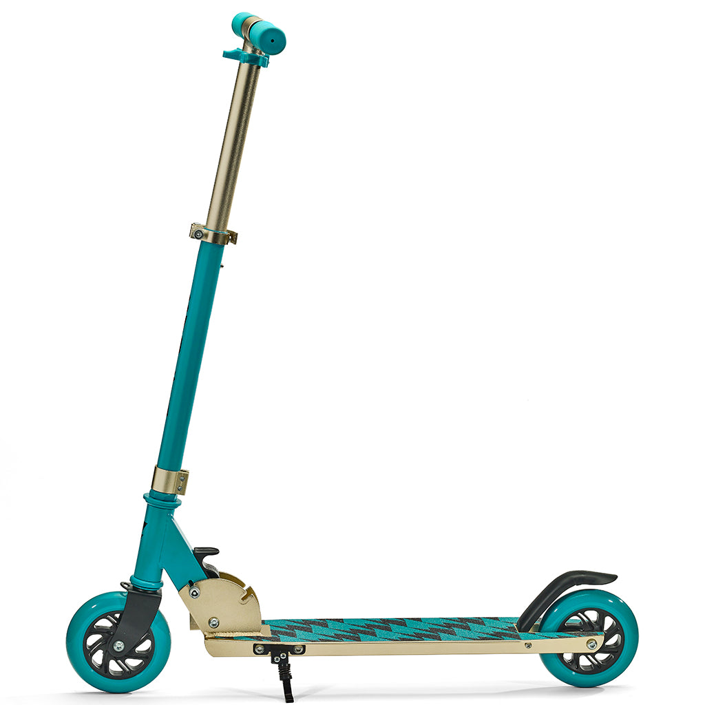 Svolta Legend 2-wheel kick scooter compact folding travel kids teal black gold lightning bolts kick stand