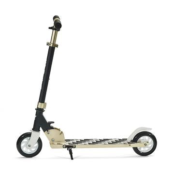 Svolta Legend compact folding travel 2-wheel kick scooter for little kids ages 6+ in white black gold with lightning bolt houndstooth griptape
