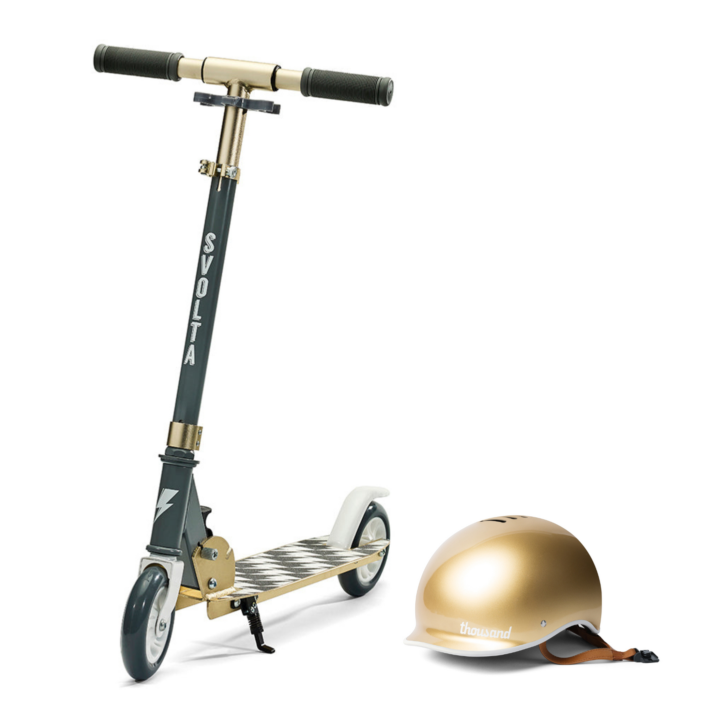 SVOLTA "Legend" 2-Wheel Kids Scooter & Gold Helmet Set - Black or Gray