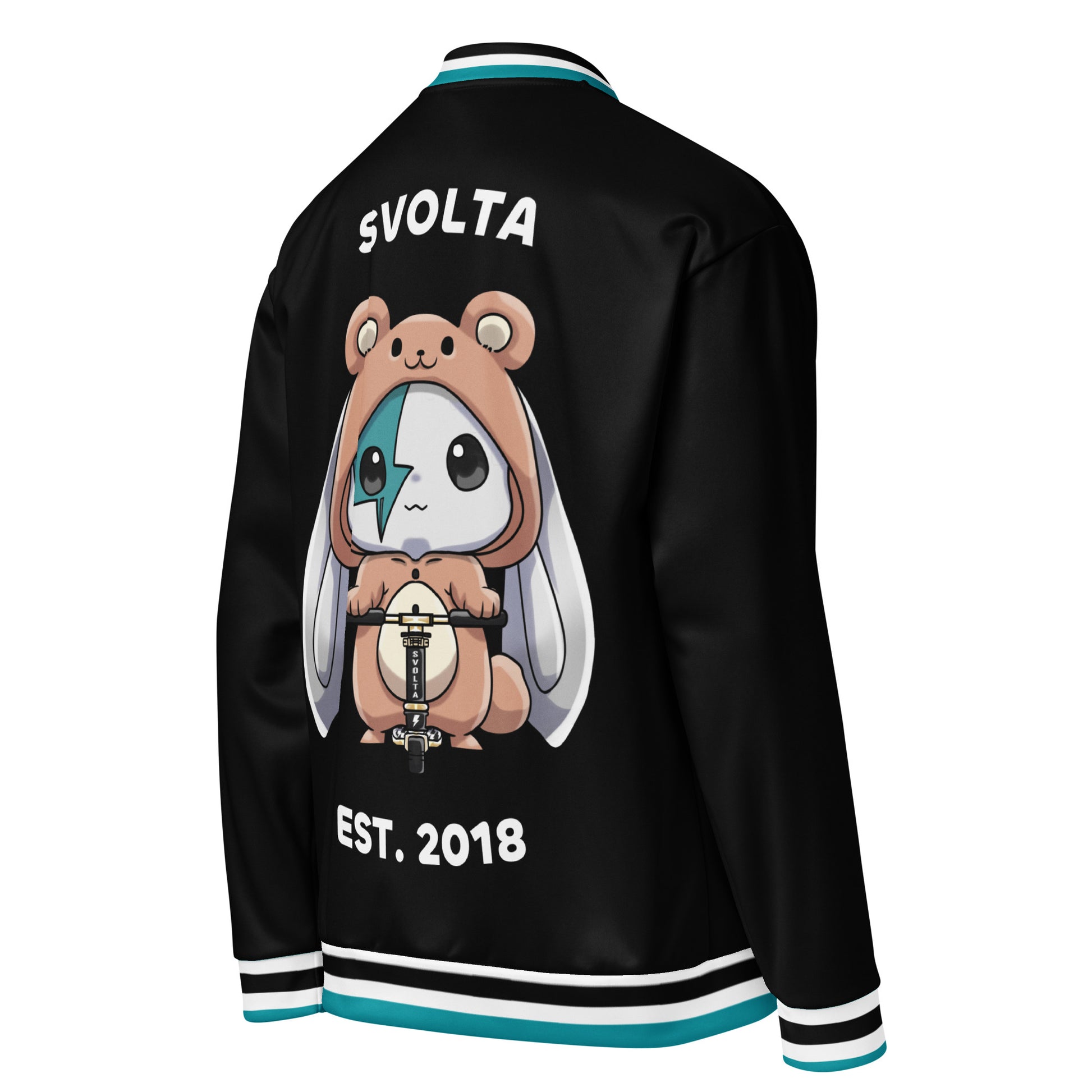 Svolta Bear Chibi Scooter Varsity Unisex Bomber Jacket Back Angle