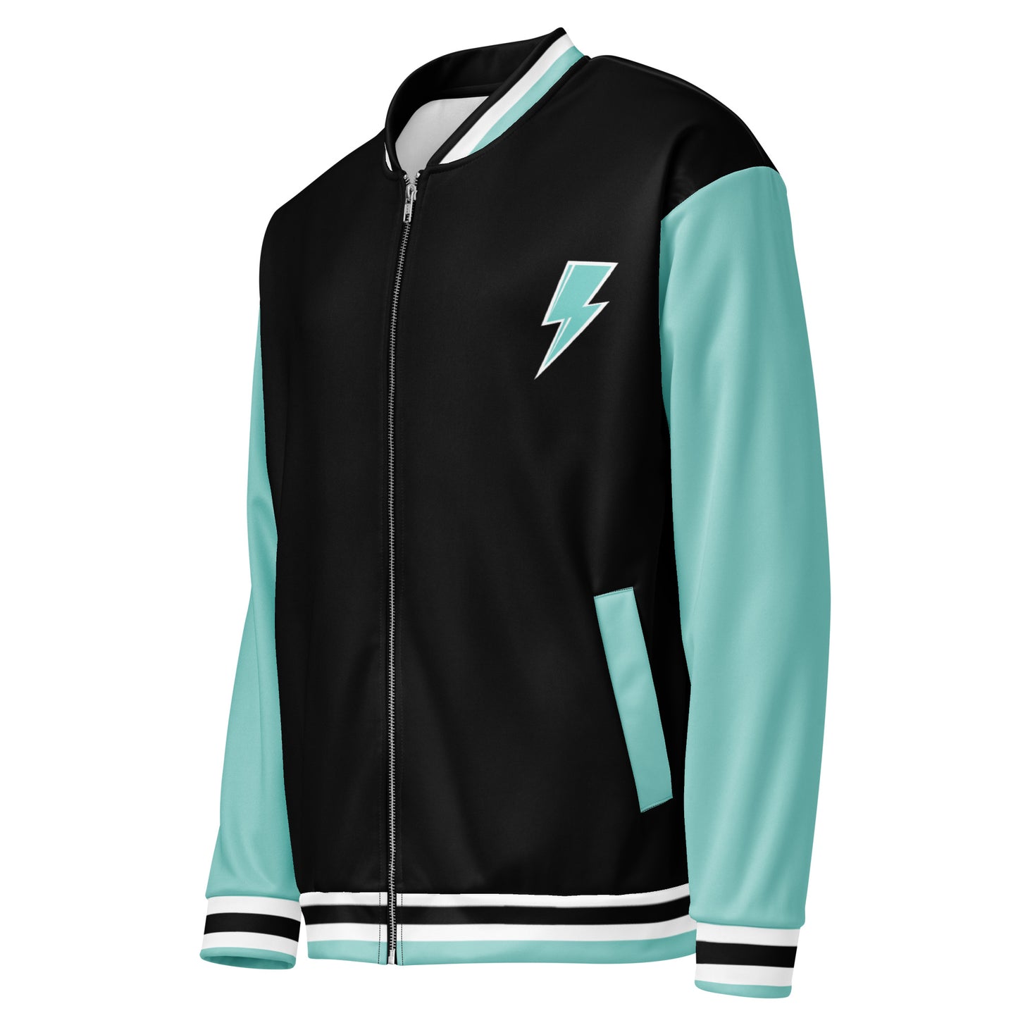 Svolta Color Block Aquamint Black White Varsity Unisex Bomber Jacket Front Angle