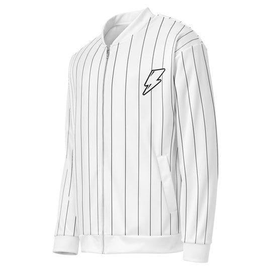 White Pinstripe Bomber Jacket Unisex Teens Adults 3
