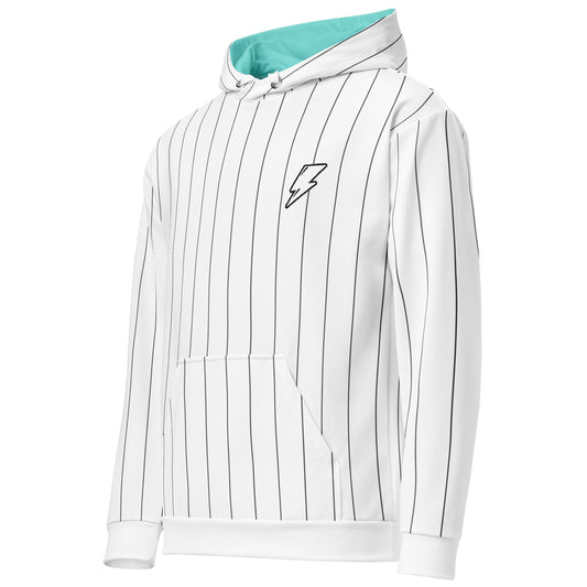 White Pinstripe Hoodie Front Angle