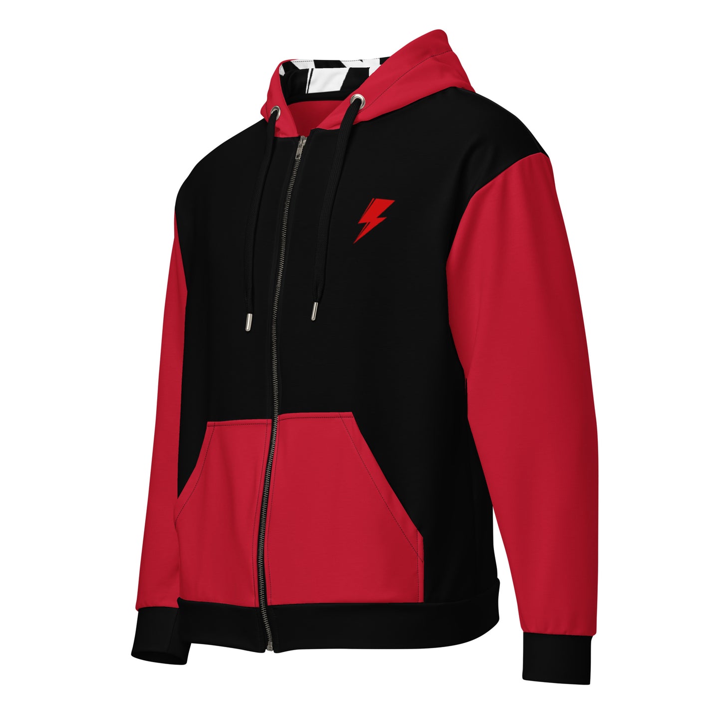 Svolta red and black colorblock hoodie sweatshirt zip jacket for teens and adults featuring bunny in a white snapback hat playing drums for the band Save Carrots