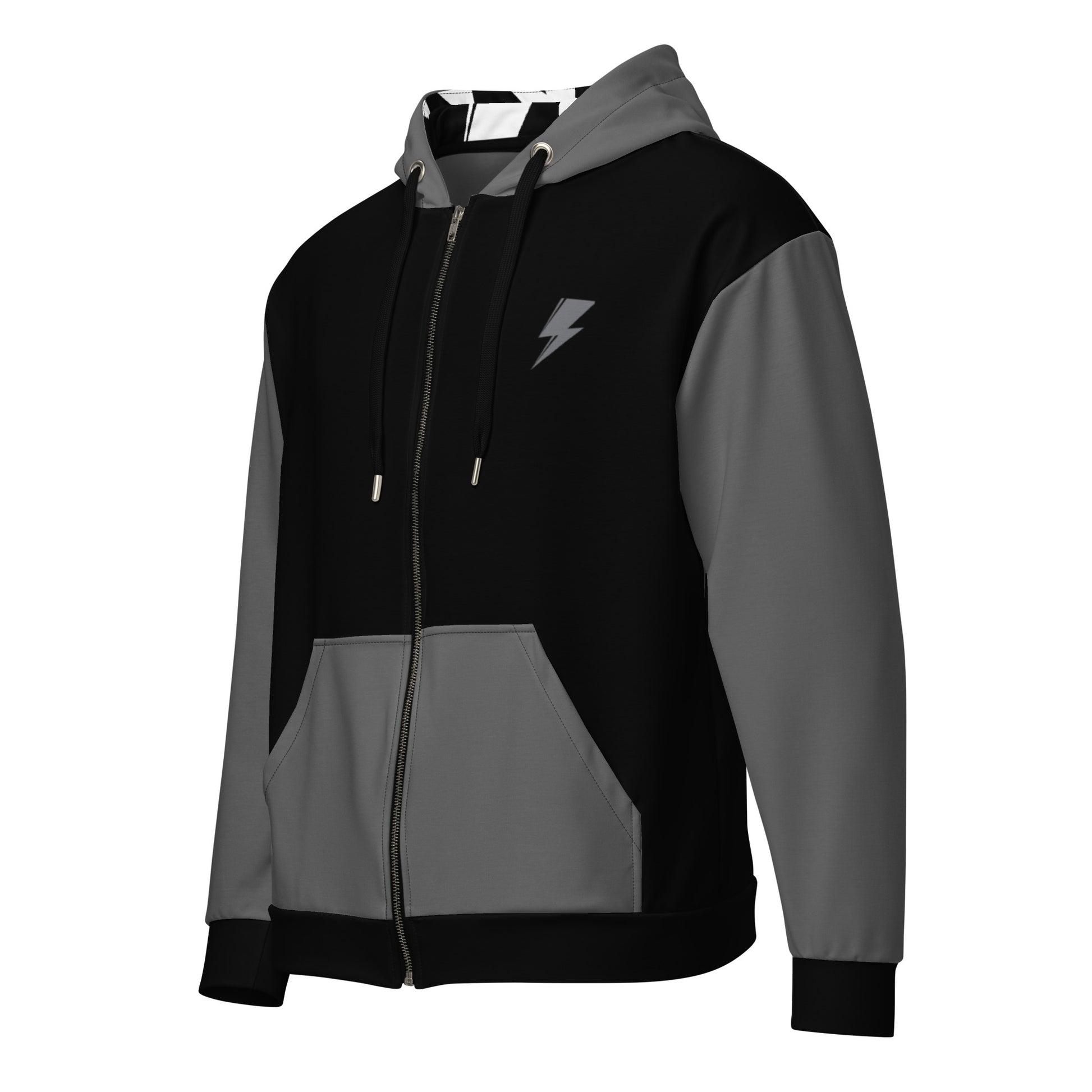 Svolta grey and black colorblock hoodie sweatshirt zip jacket for teens and adults featuring bunny in a white snapback hat and grey polo balancing a tennis ball on a tennis racquet