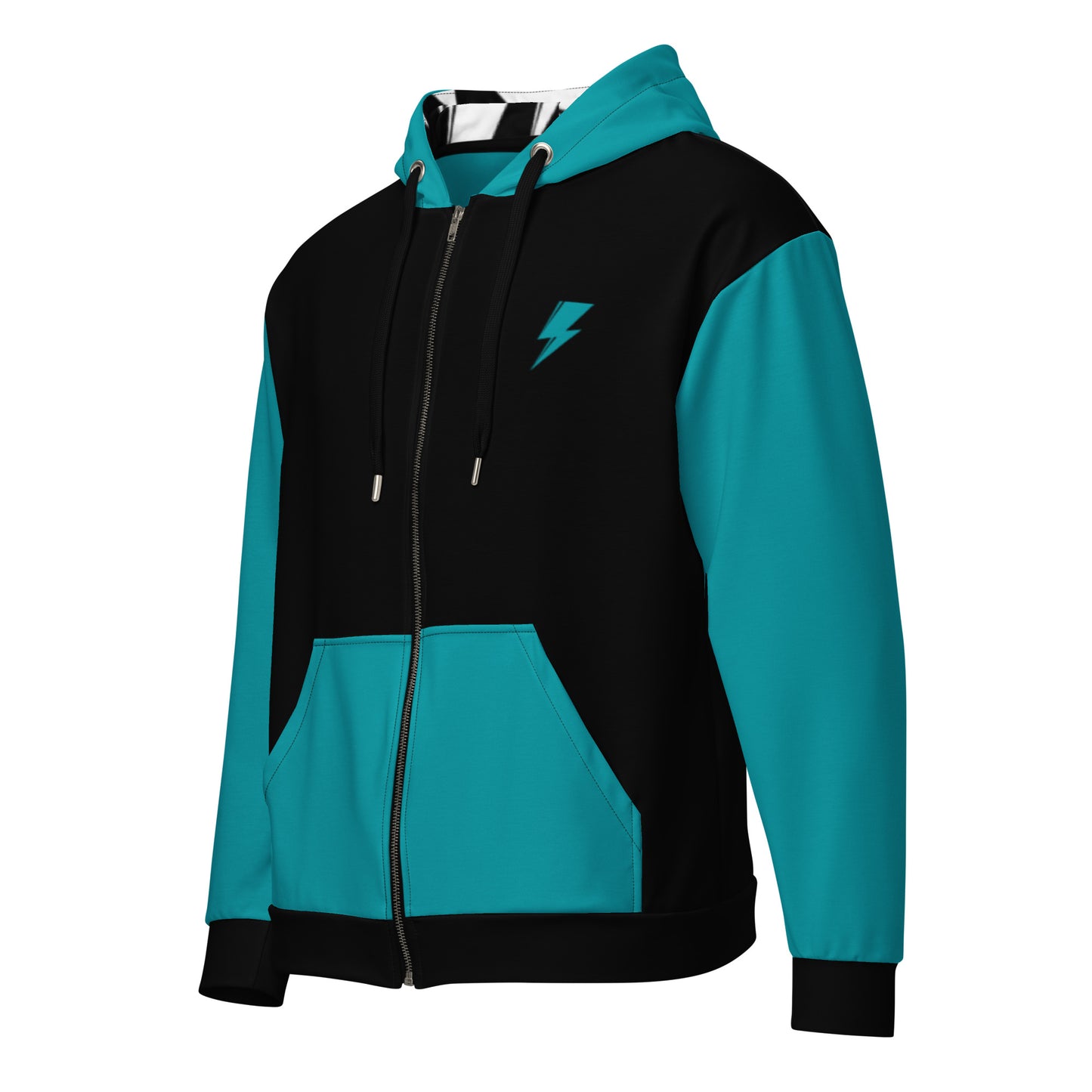 Svolta teal and black colorblock hoodie sweatshirt zip jacket for teens and adults featuring bunny in a grey husky puppy costume riding a scooter