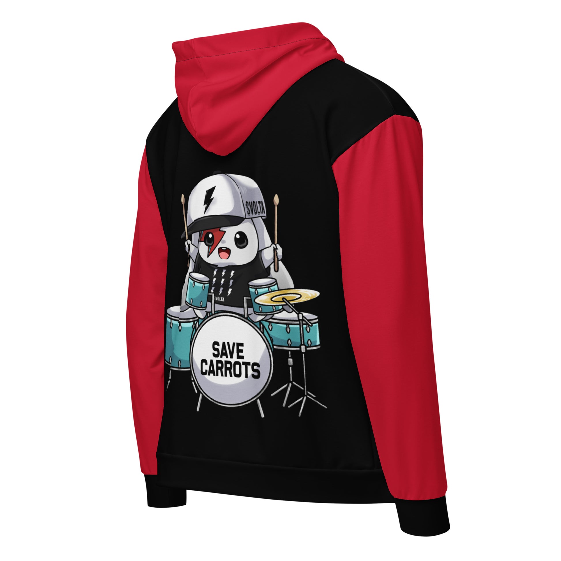 Svolta red and black colorblock hoodie sweatshirt zip jacket for teens and adults featuring bunny in a white snapback hat playing drums for the band Save Carrots