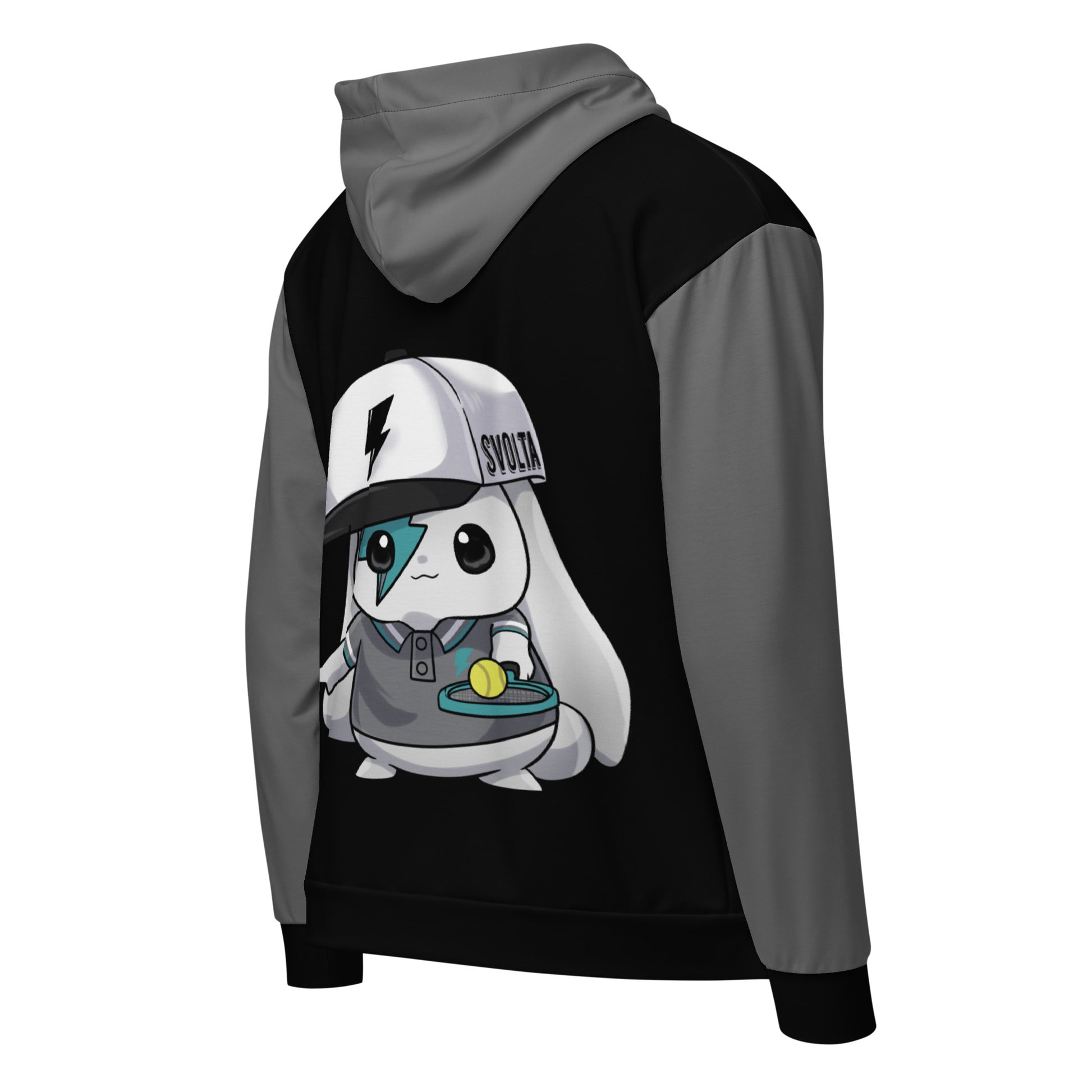 Svolta grey and black colorblock hoodie sweatshirt zip jacket for teens and adults featuring bunny in a white snapback hat and grey polo balancing a tennis ball on a tennis racquet