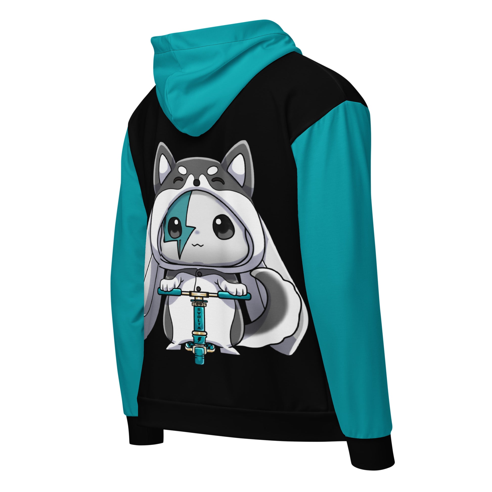 Svolta teal and black colorblock hoodie sweatshirt zip jacket for teens and adults featuring bunny in a grey husky puppy costume riding a scooter