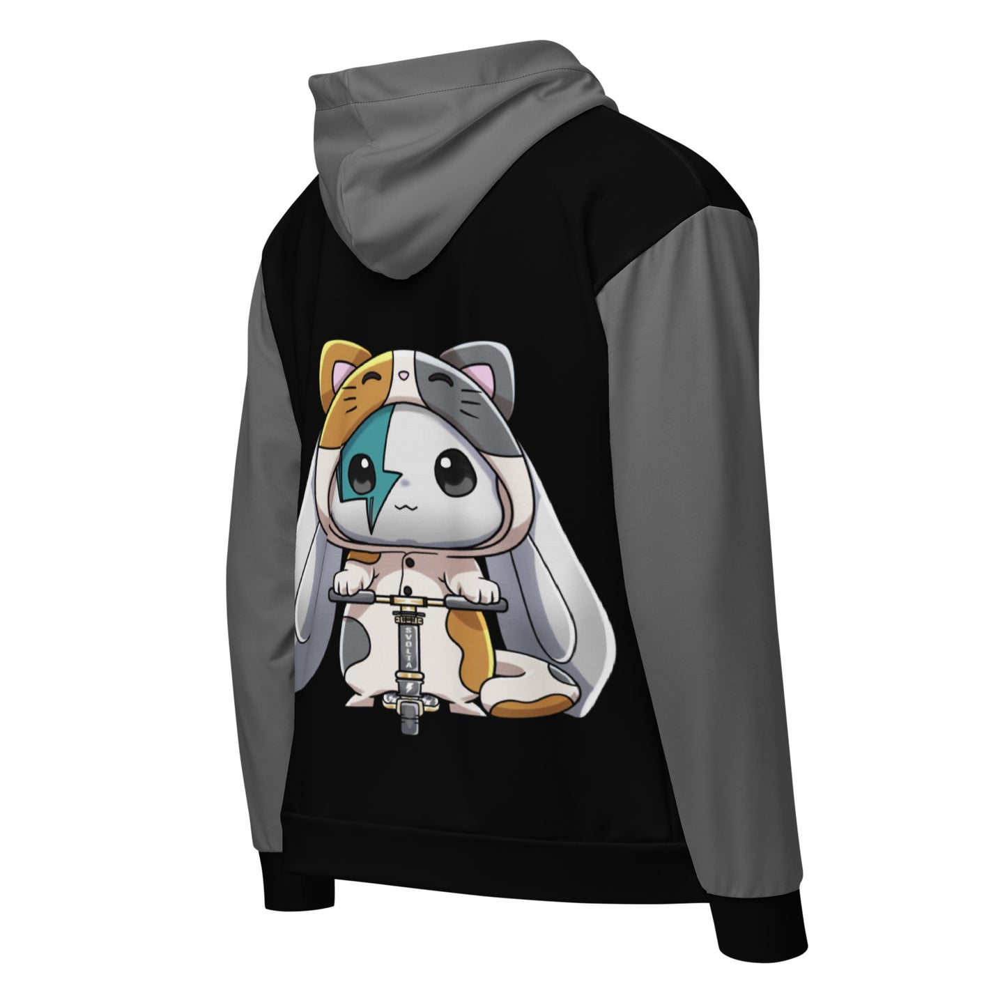 Svolta grey and black colorblock hoodie sweatshirt zip jacket for teens and adults featuring bunny in a calico cat costume riding a lightning bolt scooter