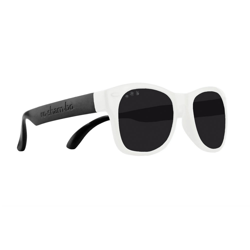 Roshambo Junior Kids sunglasses in black and white, soft, flexible, comfortable, made in Italy