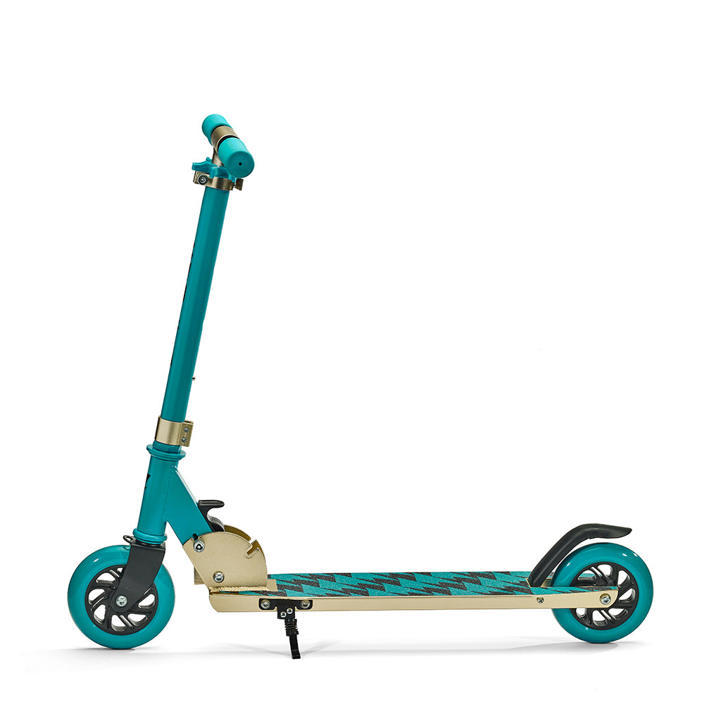 Svolta Legend 2-wheel kick scooter compact folding travel kids teal black gold lightning bolts kickstand