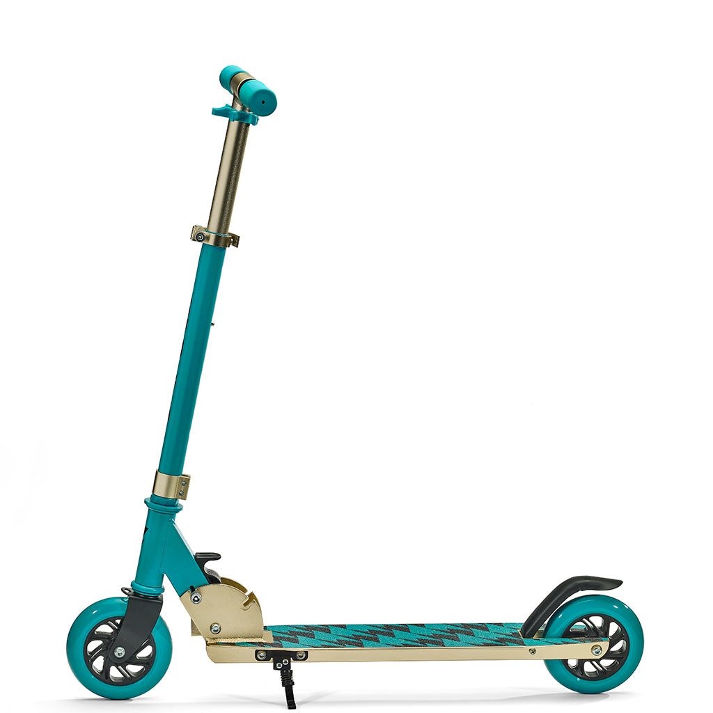 Svolta Legend 2-wheel kick scooter compact folding travel kids teal black gold lightning bolts kick stand