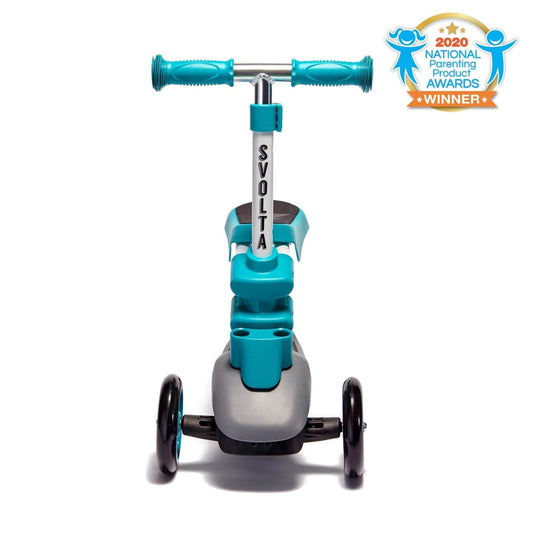 Award winning Svolta Ace 2-in-1 Toddler Scooter Ride On Teal Grey Front