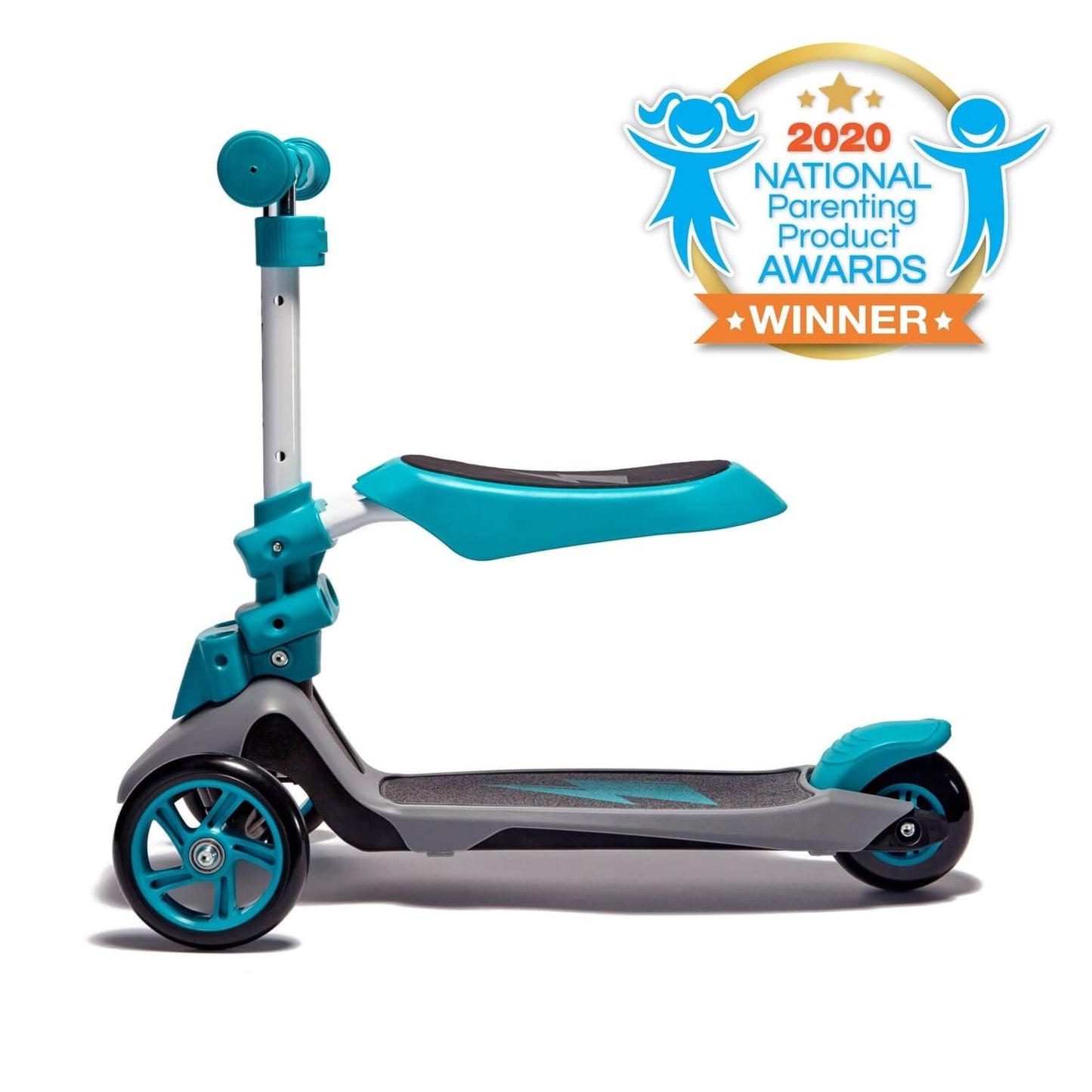 Award winning Svolta Ace 2-in-1 Toddler Scooter Ride On Teal Grey Front Side Seat Sit Mode